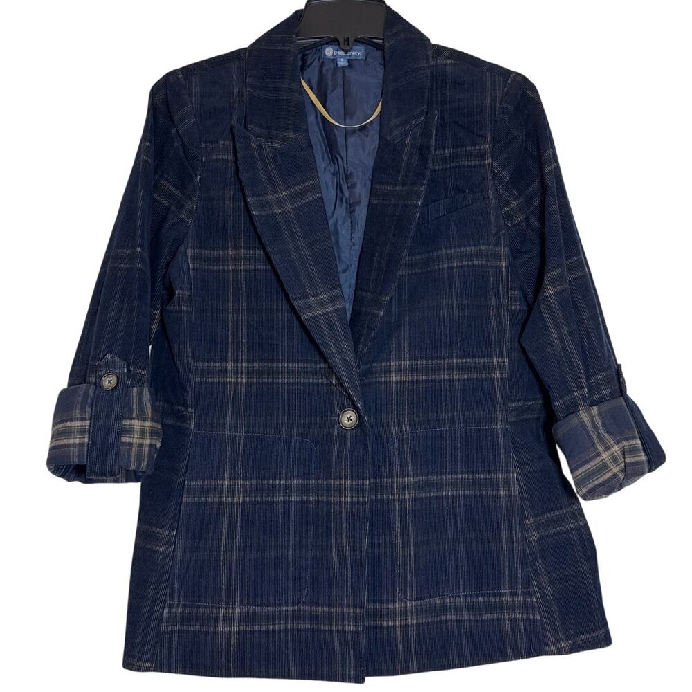 Democracy Small Jacket, Navy Blue Corduroy Plaid Adj. Long Sleeves One Button